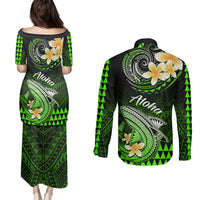 Hawaii Couples Matching Puletasi Dress and Long Sleeve Button Shirts Polynesian Shark with Kakau Green Version LT01 - Polynesian Pride