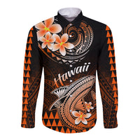 Hawaii Long Sleeve Button Shirt Polynesian Shark with Kakau Orange Version LT01 Unisex Orange - Polynesian Pride