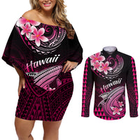 Hawaii Couples Matching Off Shoulder Short Dress and Long Sleeve Button Shirts Polynesian Shark with Kakau Pink Version LT01 Pink - Polynesian Pride