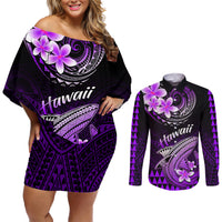 Hawaii Couples Matching Off Shoulder Short Dress and Long Sleeve Button Shirts Polynesian Shark with Kakau Purple Version LT01 Purple - Polynesian Pride