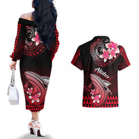 Hawaii Couples Matching Off The Shoulder Long Sleeve Dress and Hawaiian Shirt Polynesian Shark with Kakau Red Version LT01 - Polynesian Pride