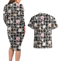 Hawaiian Ocean Seashells Couples Matching Long Sleeve Bodycon Dress and Hawaiian Shirt Black Palaka Pattern