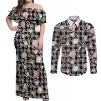 Hawaiian Ocean Seashells Couples Matching Off Shoulder Maxi Dress and Long Sleeve Button Shirt Black Palaka Pattern LT01 Black - Polynesian Pride