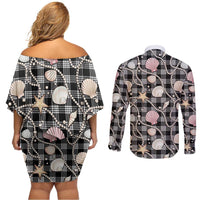Hawaiian Ocean Seashells Couples Matching Off Shoulder Short Dress and Long Sleeve Button Shirt Black Palaka Pattern