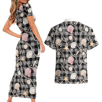 Hawaiian Ocean Seashells Couples Matching Short Sleeve Bodycon Dress and Hawaiian Shirt Black Palaka Pattern