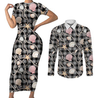 Hawaiian Ocean Seashells Couples Matching Short Sleeve Bodycon Dress and Long Sleeve Button Shirt Black Palaka Pattern