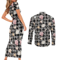 Hawaiian Ocean Seashells Couples Matching Short Sleeve Bodycon Dress and Long Sleeve Button Shirt Black Palaka Pattern