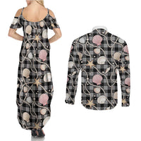 Hawaiian Ocean Seashells Couples Matching Summer Maxi Dress and Long Sleeve Button Shirt Black Palaka Pattern