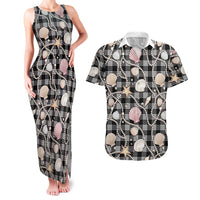 Hawaiian Ocean Seashells Couples Matching Tank Maxi Dress and Hawaiian Shirt Black Palaka Pattern