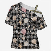 Hawaiian Ocean Seashells Cross Shoulder Shirt Black Palaka Pattern