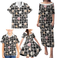 Hawaiian Ocean Seashells Family Matching Puletasi and Hawaiian Shirt Black Palaka Pattern