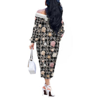 Hawaiian Ocean Seashells Off The Shoulder Long Sleeve Dress Black Palaka Pattern