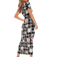 Hawaiian Ocean Seashells Short Sleeve Bodycon Dress Black Palaka Pattern