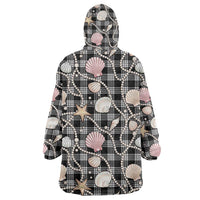 Hawaiian Ocean Seashells Wearable Blanket Hoodie Black Palaka Pattern