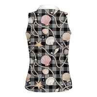 Hawaiian Ocean Seashells Women Sleeveless Polo Shirt Black Palaka Pattern