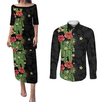 Hawaiian Hibiscus Plumeria Couples Matching Puletasi and Long Sleeve Button Shirt Tropical Leaves LT01 Black - Polynesian Pride
