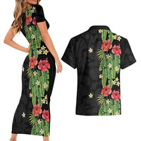 Hawaiian Hibiscus Plumeria Couples Matching Short Sleeve Bodycon Dress and Hawaiian Shirt Tropical Leaves