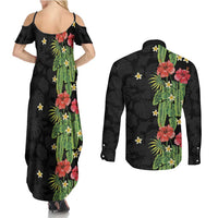 Hawaiian Hibiscus Plumeria Couples Matching Summer Maxi Dress and Long Sleeve Button Shirt Tropical Leaves