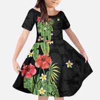 Hawaiian Hibiscus Plumeria Family Matching Long Sleeve Bodycon Dress and Hawaiian Shirt Tropical Leaves LT01 Daughter's Dress Black - Polynesian Pride