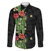 Hawaiian Hibiscus Plumeria Family Matching Long Sleeve Bodycon Dress and Hawaiian Shirt Tropical Leaves LT01 Dad's Shirt - Long Sleeve Black - Polynesian Pride