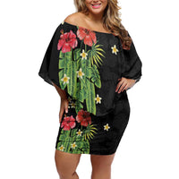Hawaiian Hibiscus Plumeria Family Matching Off Shoulder Short Dress and Hawaiian Shirt Tropical Leaves