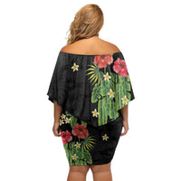 Hawaiian Hibiscus Plumeria Family Matching Off Shoulder Short Dress and Hawaiian Shirt Tropical Leaves