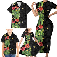 Hawaiian Hibiscus Plumeria Family Matching Short Sleeve Bodycon Dress and Hawaiian Shirt Tropical Leaves