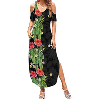 Hawaiian Hibiscus Plumeria Family Matching Summer Maxi Dress and Hawaiian Shirt Tropical Leaves