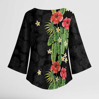 Hawaiian Hibiscus Plumeria Kimono Sleeve Blouse Tropical Leaves