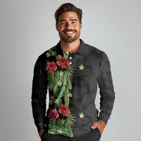 Hawaiian Hibiscus Plumeria Long Sleeve Polo Shirt Tropical Leaves