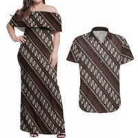 Yogyakarta Parang Batik Motifs Couples Matching Off Shoulder Maxi Dress and Hawaiian Shirt Indonesian Traditional Pattern LT01 Brown - Polynesian Pride