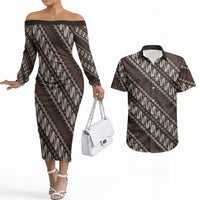 Yogyakarta Parang Batik Motifs Couples Matching Off The Shoulder Long Sleeve Dress and Hawaiian Shirt Indonesian Traditional Pattern LT01 Brown - Polynesian Pride
