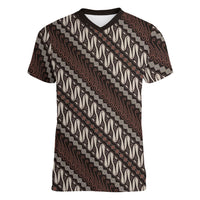Yogyakarta Parang Batik Motifs Women V-Neck T-Shirt Indonesian Traditional Pattern