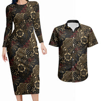 Batik Sekar Jagad Couples Matching Long Sleeve Bodycon Dress and Hawaiian Shirt Indonesian Traditional Pattern LT01 Black - Polynesian Pride