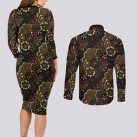 Batik Sekar Jagad Couples Matching Long Sleeve Bodycon Dress and Long Sleeve Button Shirt Indonesian Traditional Pattern