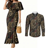 Batik Sekar Jagad Couples Matching Mermaid Dress and Long Sleeve Button Shirt Indonesian Traditional Pattern LT01 Black - Polynesian Pride