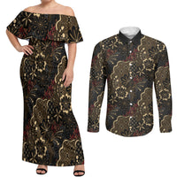 Batik Sekar Jagad Couples Matching Off Shoulder Maxi Dress and Long Sleeve Button Shirt Indonesian Traditional Pattern LT01 Black - Polynesian Pride