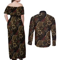 Batik Sekar Jagad Couples Matching Off Shoulder Maxi Dress and Long Sleeve Button Shirt Indonesian Traditional Pattern