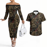 Batik Sekar Jagad Couples Matching Off The Shoulder Long Sleeve Dress and Hawaiian Shirt Indonesian Traditional Pattern LT01 Black - Polynesian Pride