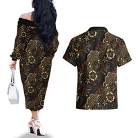 Batik Sekar Jagad Couples Matching Off The Shoulder Long Sleeve Dress and Hawaiian Shirt Indonesian Traditional Pattern LT01 - Polynesian Pride