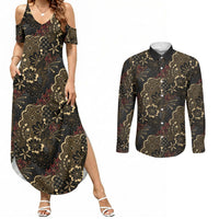 Batik Sekar Jagad Couples Matching Summer Maxi Dress and Long Sleeve Button Shirt Indonesian Traditional Pattern LT01 Black - Polynesian Pride