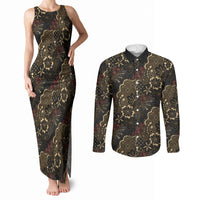 Batik Sekar Jagad Couples Matching Tank Maxi Dress and Long Sleeve Button Shirt Indonesian Traditional Pattern LT01 Black - Polynesian Pride