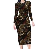 Batik Sekar Jagad Long Sleeve Bodycon Dress Indonesian Traditional Pattern LT01 Long Dress Black - Polynesian Pride