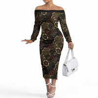 Batik Sekar Jagad Off The Shoulder Long Sleeve Dress Indonesian Traditional Pattern LT01 Women Black - Polynesian Pride