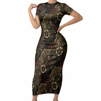 Batik Sekar Jagad Short Sleeve Bodycon Dress Indonesian Traditional Pattern LT01 Long Dress Black - Polynesian Pride