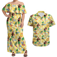 Hawaii Hula Girl Tropical Couples Matching Off Shoulder Maxi Dress and Hawaiian Shirt Yellow Palaka LT01 Yellow - Polynesian Pride