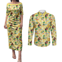 Hawaii Hula Girl Tropical Couples Matching Puletasi and Long Sleeve Button Shirt Yellow Palaka