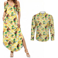 Hawaii Hula Girl Tropical Couples Matching Summer Maxi Dress and Long Sleeve Button Shirt Yellow Palaka