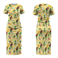 Hawaii Hula Girl Tropical Family Matching Short Sleeve Bodycon Dress and Hawaiian Shirt Yellow Palaka LT01 Mom's Dress Yellow - Polynesian Pride