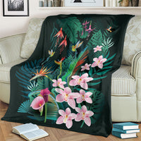 Hawaii Hummingbird Tropical Flowers Blanket Dark Green